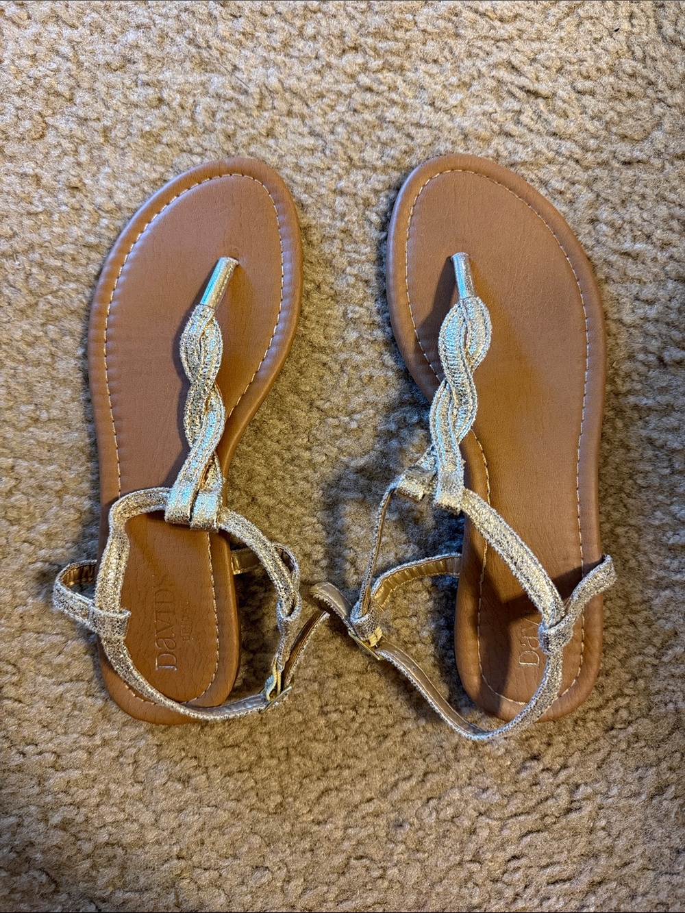 David's Bridal Tan Sandals with Gold Glitter Straps